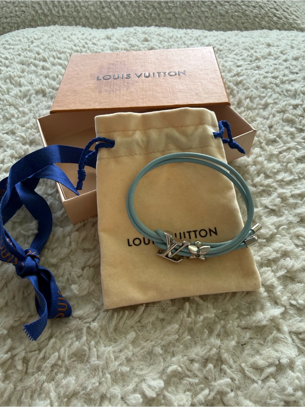Louis Vuitton Light Blue Double Wrap Bracelet with Silver LV Flower Hardware